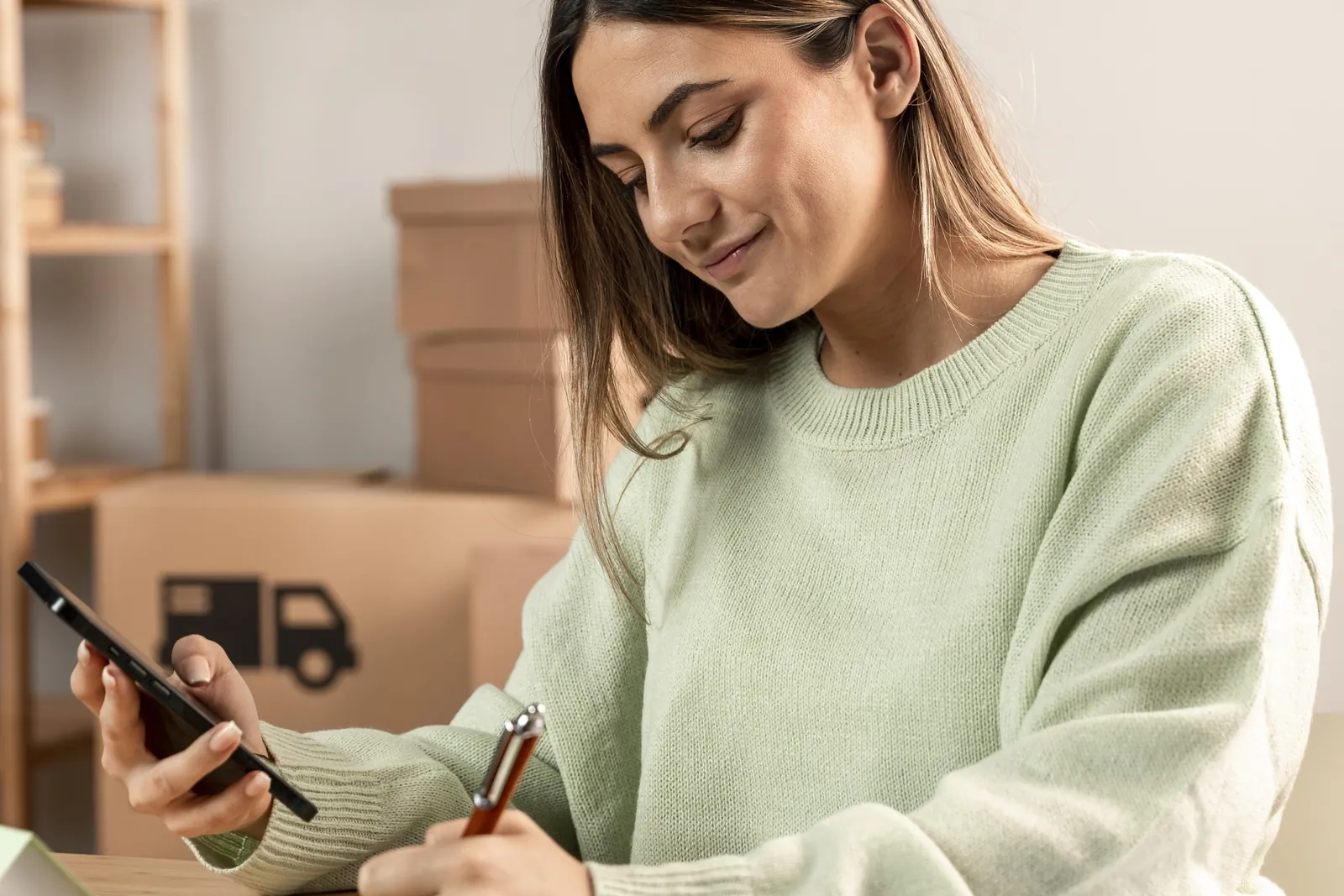 MercadoLibre seller checking her sales on her phone, with boxes ready to ship