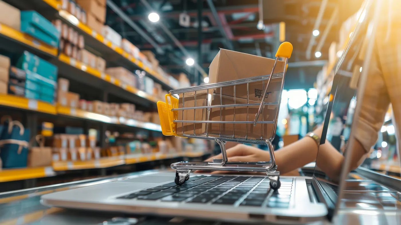 Shopping cart with a box on top of a laptop, in a warehouse