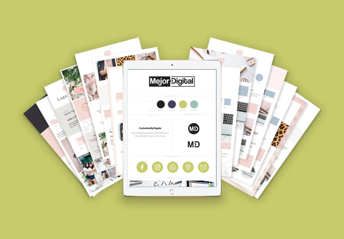 Brand board con logo, colores, tipografías e imágenes de una marca